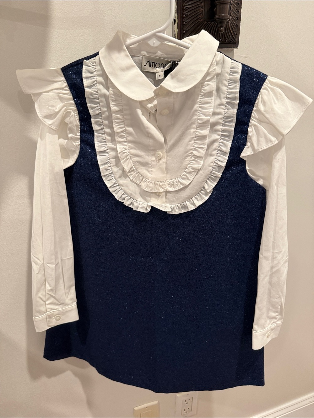 Simonetta Navy & White Ruffled Bib Knit Dress Top